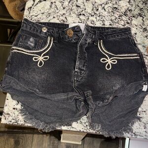 One Teaspoon Black Jean Shorts with White Embroidery